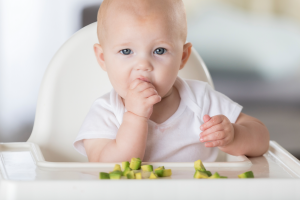Bébé qui mange seul des morceaux d’aliments